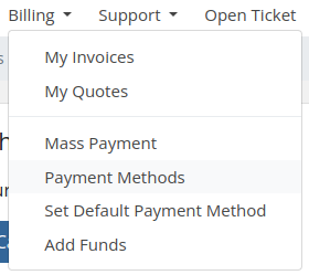 A screenshot of the navigation menu in our billing portal with the payment methods option selected.