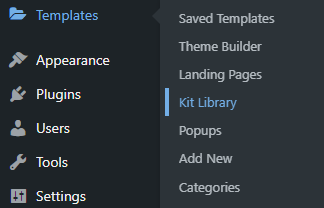 A screenshot of the Templates menu in the WordPress admin area with the 'Kit Library' sub-menu item highlighted.