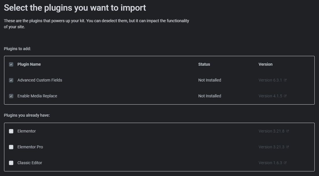 A screenshot of the plugin selection screen in the Elementor Kit import tool.