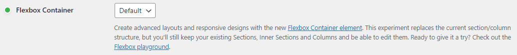 A screenshot of the 'flexbox container' section of the Features Tab on the Elementor Settings page located in the WordPress Admin Area.