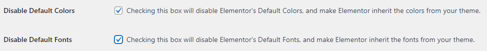 A screenshot of the Elementor Settings page showing the 'disable default colors', and 'disable default fonts' settings.