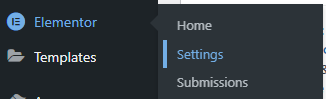 A screenshot of the WordPress admin area showing the Elementor Menu with the 'Settings' sub-menu item highlighted.