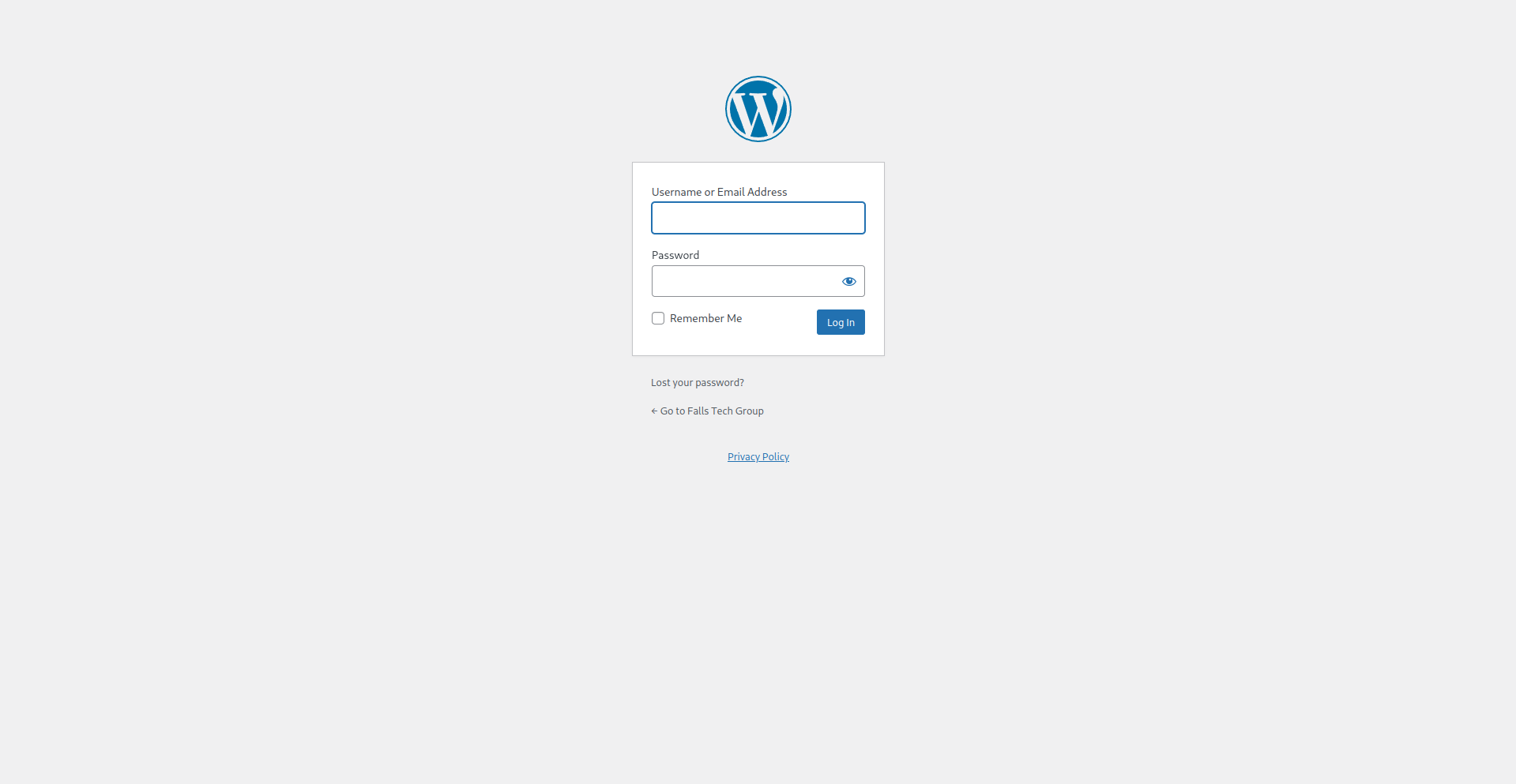 A screenshot of the default WordPress login screen, depicting the WordPress logo, with a username and password field below.