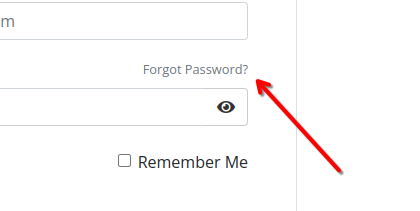 A zoomed in screenshot of the Hosting Portal login dialog, with a red arrow pointing to the 'Forgot Password' link.