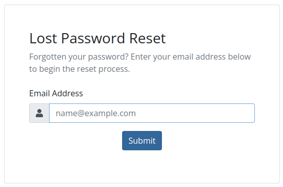 A screenshot of the password reset dialog, with a single field for an email address, and a blue submit button.