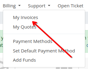 A screenshot of the Hosting Portal menu with the billing submenu extended. Menu items include 'My Invoices, My Quotes, Payment Methods, Set Default Payment Method, and Add Funds'. There is a red arrow pointing to the 'My Invoices' link.