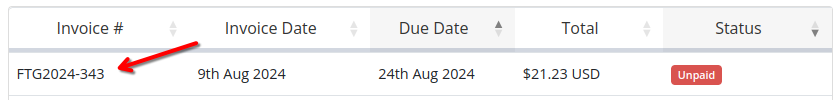 A screenshot of an invoice listing in the 'My Invoices' section of the Falls Tech Group hosting portal. There is a red arrow pointing to the Invoice Number as a reference on where to click.