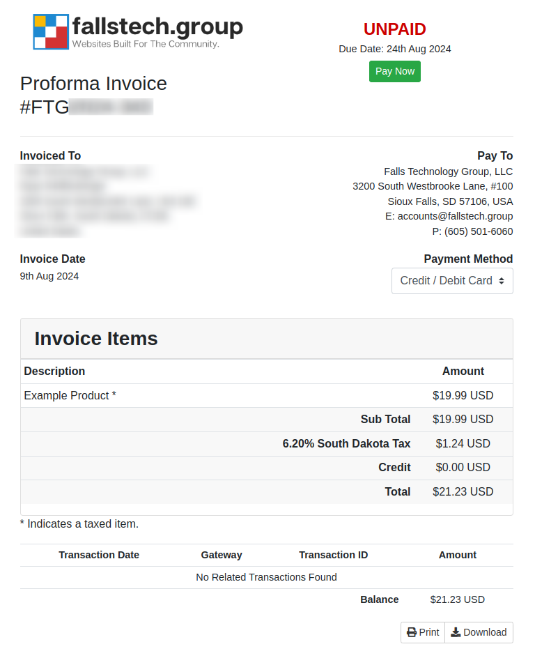 A screenshot of an invoice in the Falls Tech Group Hosting Portal.