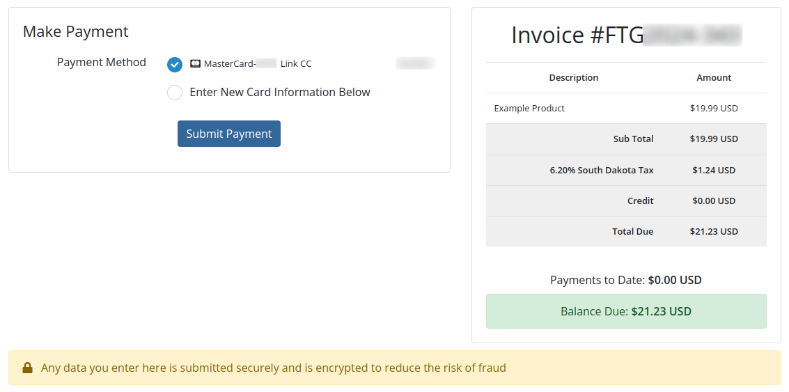 A screenshot of the payment screen in the Falls Tech Group Hosting Portal. The screen includes the ability to select an existing payment method, enter a new method, and submit the payment.