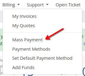 A screenshot of the Hosting Portal menu with the billing sub-menu extended. Menu items include 'My Invoices, My Quotes, Payment Methods, Set Default Payment Method, and Add Funds'. There is a red arrow pointing to the 'Mass Payment' link.