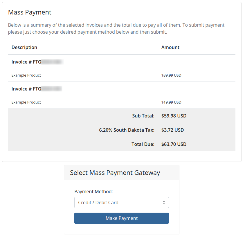 A screenshot of the Mass Payment screen in the Falls Tech Group hosting portal. The section includes a list of all unpaid invoices on the account and their line items, with total values at the bottom, and a payment button.