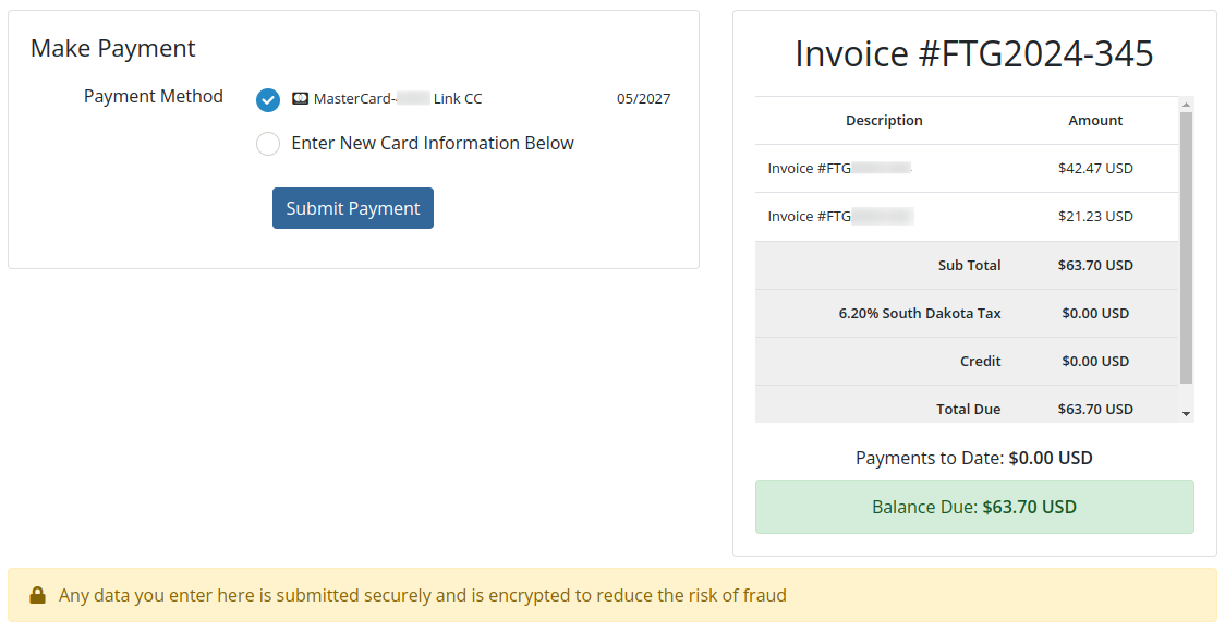 A screenshot of the mass payment screen in the Falls Tech Group Hosting Portal. The screen includes the ability to select an existing payment method, enter a new method, and submit the payment.