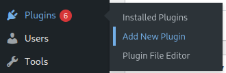 A screenshot of the Plugins menu in the WordPress Admin Dashboard with 'Add New Plugin' highlighted.