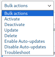 A screenshot of the 'Bulk actions' menu on the Plugins page of the WordPress Admin Dashboard.