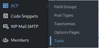 A screenshot of the ACF menu in the WordPress Admin Area with the 'Tools' sub-menu item selected.