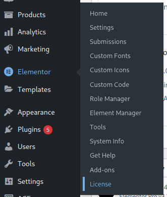 A screenshot of the Elementor Menu in the WordPress Admin area with the 'License' sub-menu item highlighted.