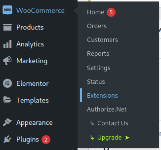 A screenshot of the 'WooCommerce' admin menu with the 'Extensions' sub-menu item highlighted.