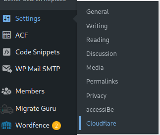 A screenshot of the Settings menu in the WordPress dashboard with the 'Cloudflare' sub-menu item highlighted.