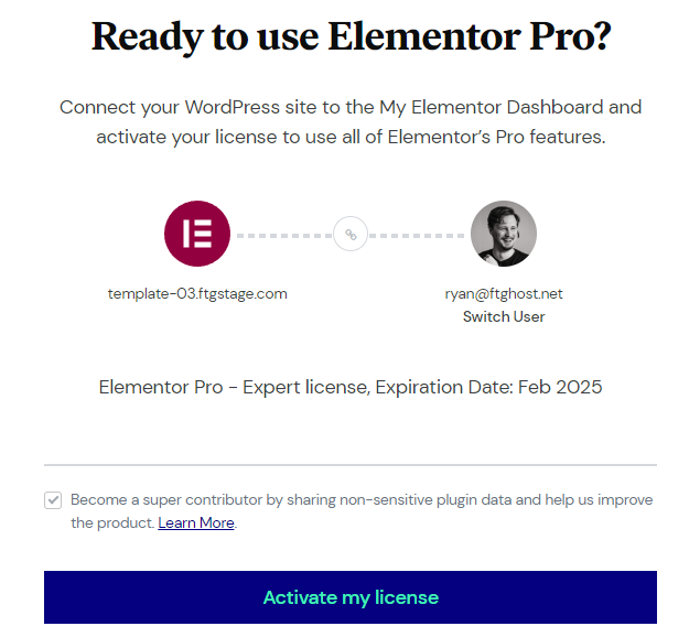 A screenshot of the Elementor Activation screen on the Elementor Website showing a blue button labeled 'Activate my license'.