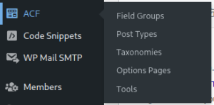A screenshot of the ACF > Tools menu in the WordPress admin area.
