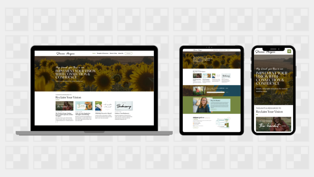 Responsive website design displayed on a laptop, tablet, and phone, featuring sunflowers and empowering messaging.