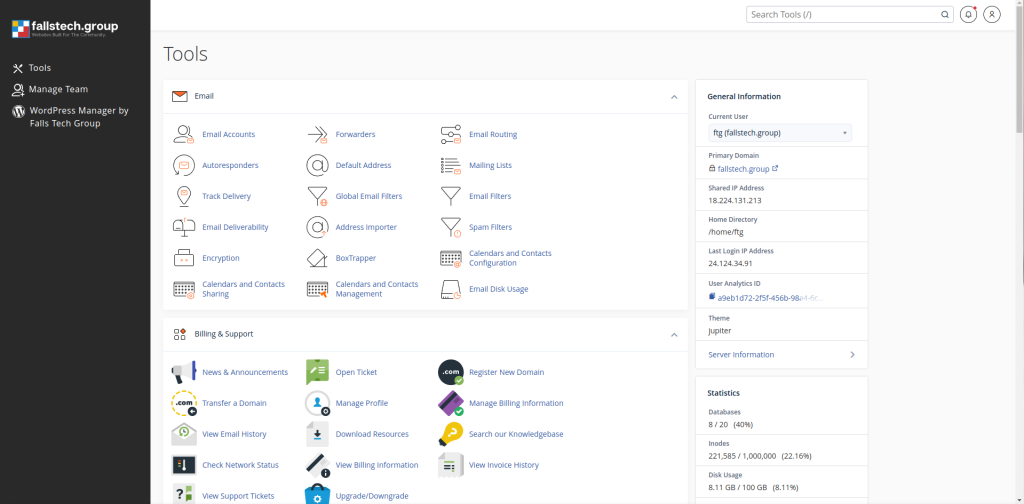 Screenshot of an email management dashboard showing tools like email accounts, autoresponders, and encryption with a sidebar displaying general information and statistics.