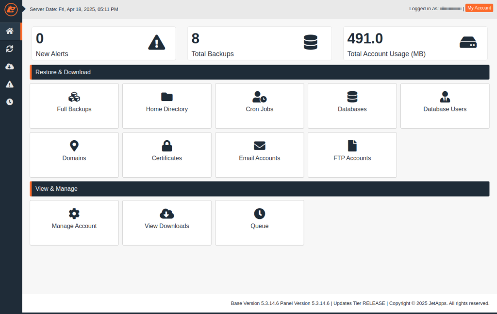 A screenshot of JetBackup 5's Dashboard.