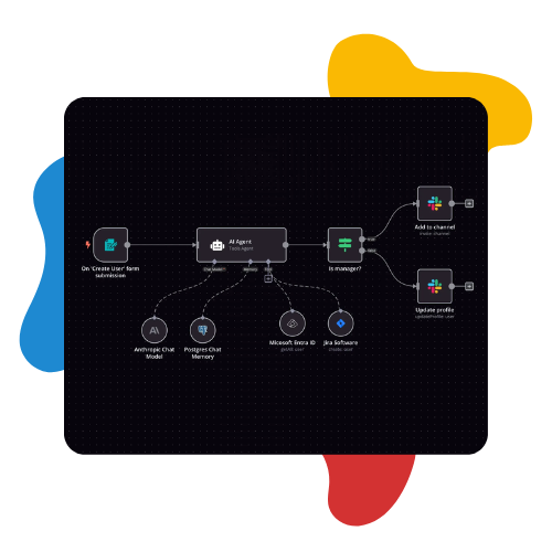 Diagram of an n8n workflow with nodes for user form submission, agent processing, manager check, and actions like updating profile and adding to channel, set against a background with red, blue, and yellow shapes.