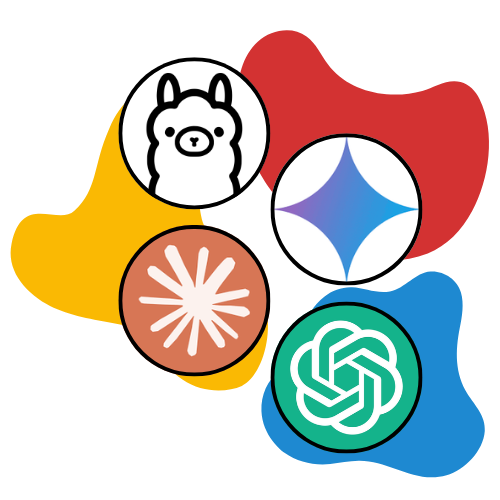 Four AI logos on a colorful abstract background with red, yellow, and blue shapes.