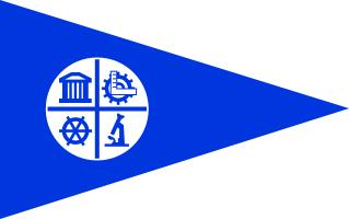 Minneapolis flag with a blue pennant and a white circle divided into four quadrants with symbols: building, cogwheel, ship's wheel, and microscope.