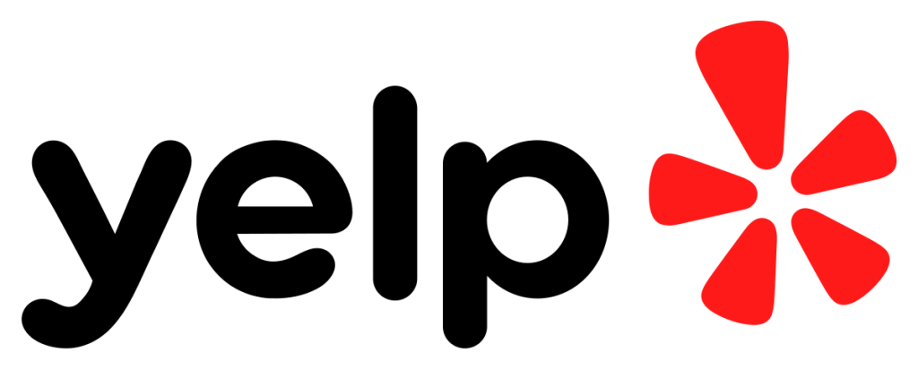 Yelp logo with black letters and a red burst symbol.